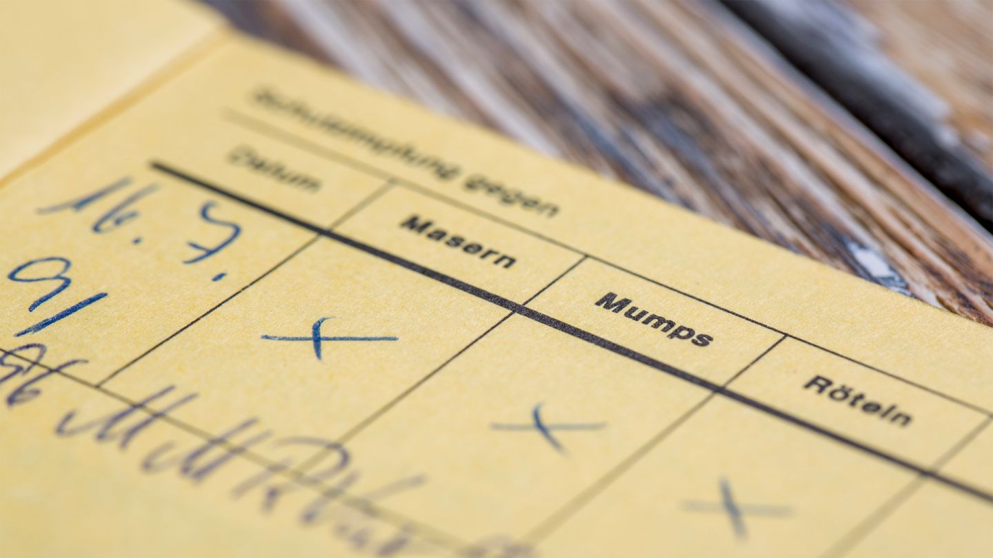 Impfpass (Quelle: iStock/kunertus) E-Impfpass: Die Nahaufnahme eines Impfpasses mit der Dokumentation über vorhandene Imfungen gegen Masern, Mumps und Röteln.