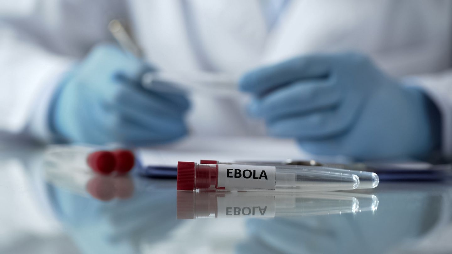 Ebolafieber (Quelle: Getty Images/Motortion) Ebolafieber: Auf einem Glastisch liegen mehrere Probenfläschchen aus Kunststoff. Sie sind mit einer roten Kappe verschlossen und mit einem Etikett gekennzeichnet. Auf dem Etikett steht: Ebola.