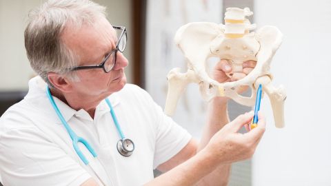 Künstliches Hüftgelenk (Quelle: Getty Images/Jan Otto) Ein Arzt hält ein künstliches Hüftgelenk in der Hand und zeigt mit einem Stift auf einen bestimmten Knochen.