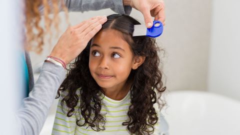 Mädchen bei der Haarpflege (Quelle: Getty Images/Letizia Le Fur) Kopfläuse oder Nissen im Haar: Eine Frau hält einen Kamm in ihrer Hand und kämmt damit das lockige Haar eines Mädchens.