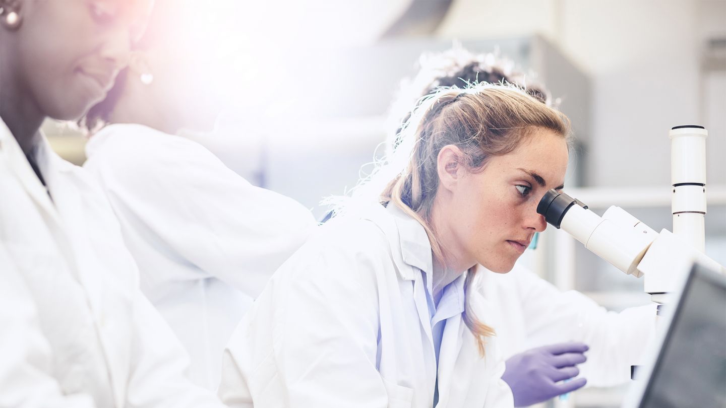 Mikroskopieren (Symbolbild) (Quelle: Getty Images/sanjeri) Schwarzer Hautkrebs: Eine Frau sitzt in einem Labor. Sie trägt einen weißen Laborkittel und schaut durch ein Mikroskop. Im Hintergrund sind weitere Labormitarbeiterinnen zu sehen.