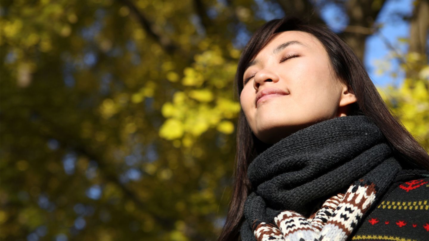 Frau in der Sonne (Quelle: Getty Images/ PhotoTalk) Vitamin D Mangel: Eine junge Frau befindet sich im Wald, Sonne strahlt auf ihr Gesicht. Ihre Augen sind geschlossen, sie wirkt entspannt.